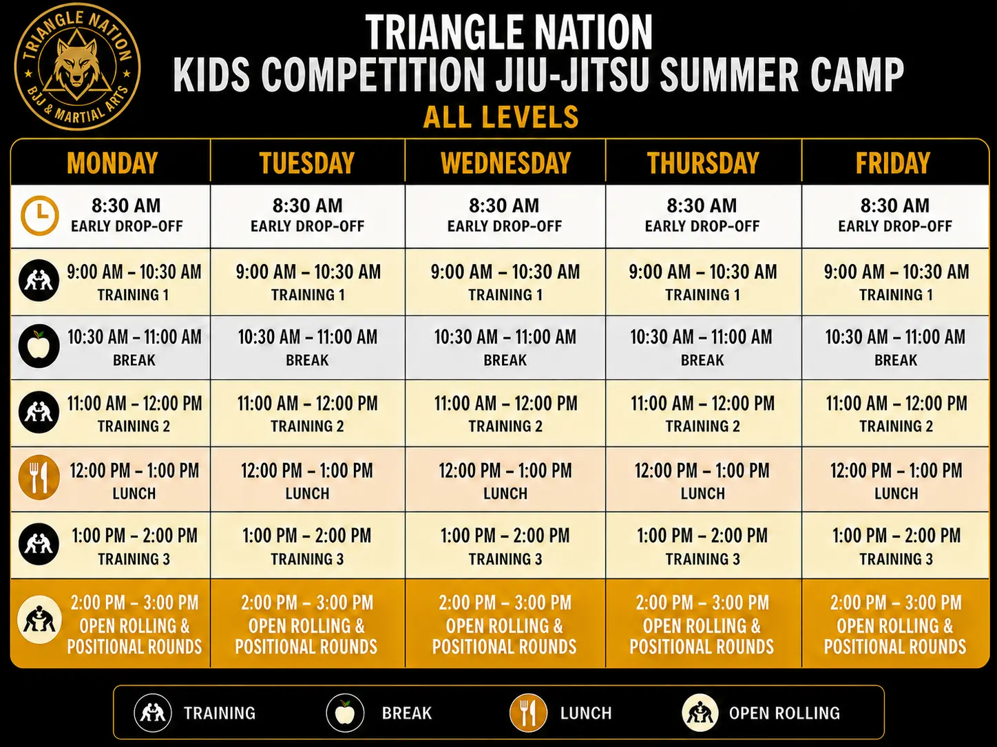 Triangle Nation Kids Competition Jiu-Jitsu Summer Camp weekly schedule